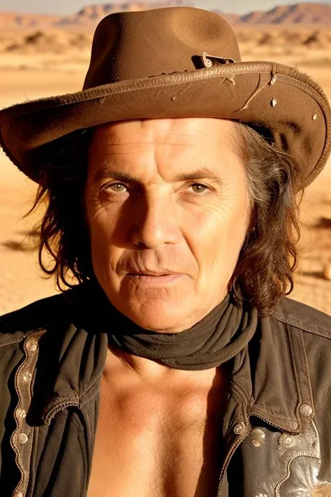 portrait photo of man in the middle of far west, desert background, high detailed, high detailed face, 8k, intrincate,  <lora:pappo:1>