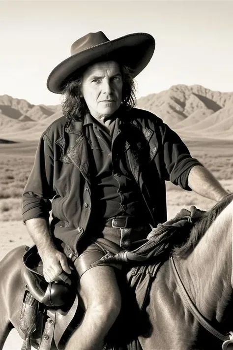 portrait photo of man in the middle of far west riding a horse, desert background, high detailed, high detailed face, 8k, intrincate, <lora:pappo:1>