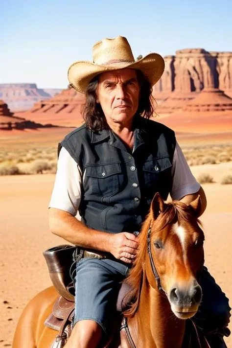 portrait photo of man in the middle of far west riding a horse, desert background, high detailed, high detailed face, 8k, intrincate,  <lora:pappo:1>