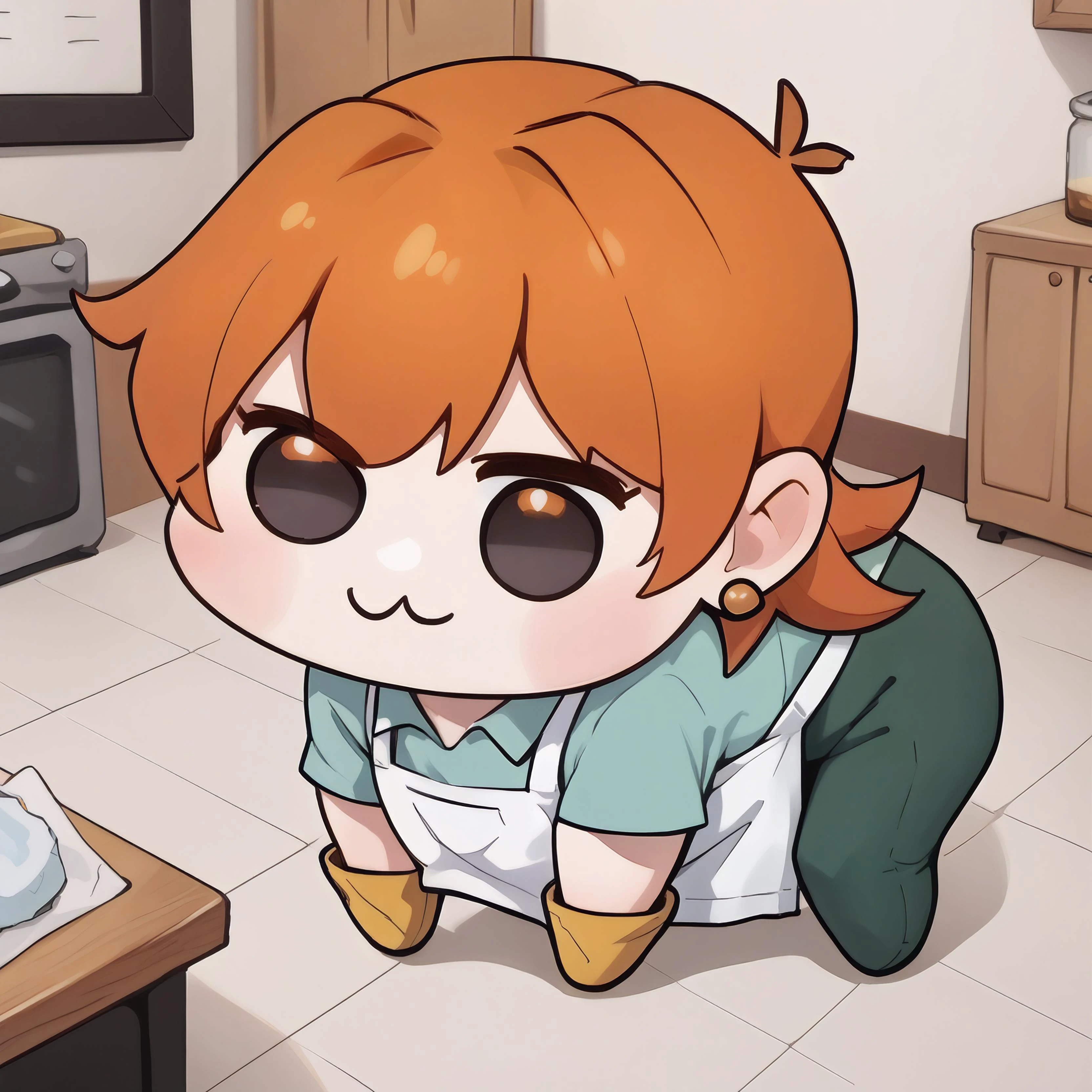 doro,dextersmom,creature, :3, chibi, no humans,four legs, solid circle eyes, no pupils,orange hair, black eyes,yellow gloves, shirt, apron, pants,earrings,<lora:dextersmom-guy-PONYv1:0.8> <lora:Doro_X_PDXL_V1:1.2>