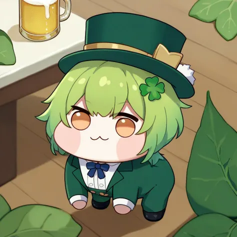 score_9, score_8_up, score_7_up, source_anime, chibi, 1girl, necoarc, slit pupils, blonde hair, green headwear, top hat, red eyes, chibi, :3, formal, green suit, green vest, green necktie, green pants, brown footwear, turtleneck, bar \(place\), beer mug <lora:necoarc-guy-PONY-v1:1>