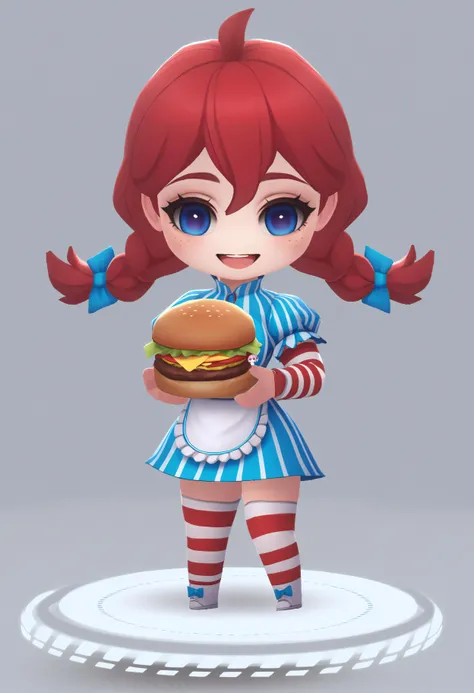 score_9, score_8_up, score_7_up, BREAK source_cartoon, 1girl, wendy's, burger, red hair, smile, open mouth, <lora:chibi-nikke-richy-v1_pdxl:1>, solo, chibi, standing, full body