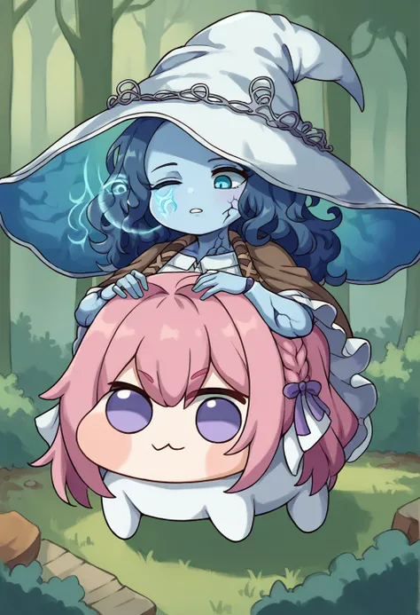 score_9, score_8_up,score_7_up, source, anime, forest,
BREAK
<lora:Ranni_XLPD_CAME:1>, 1girl riding horse, IncrsXLRanni, wavy hair, cracked skin, blue skin, colored skin, extra arms, extra faces, doll joints, white dress, witch hat, brown cloak
BREAK
<lora:Doro_X_PDXL_V1:1>, doro, creature, :3, chibi, pink hair, purple eyes, hair bun, hair bow, no humans, white skin, four legs, solid circle eyes, no pupils