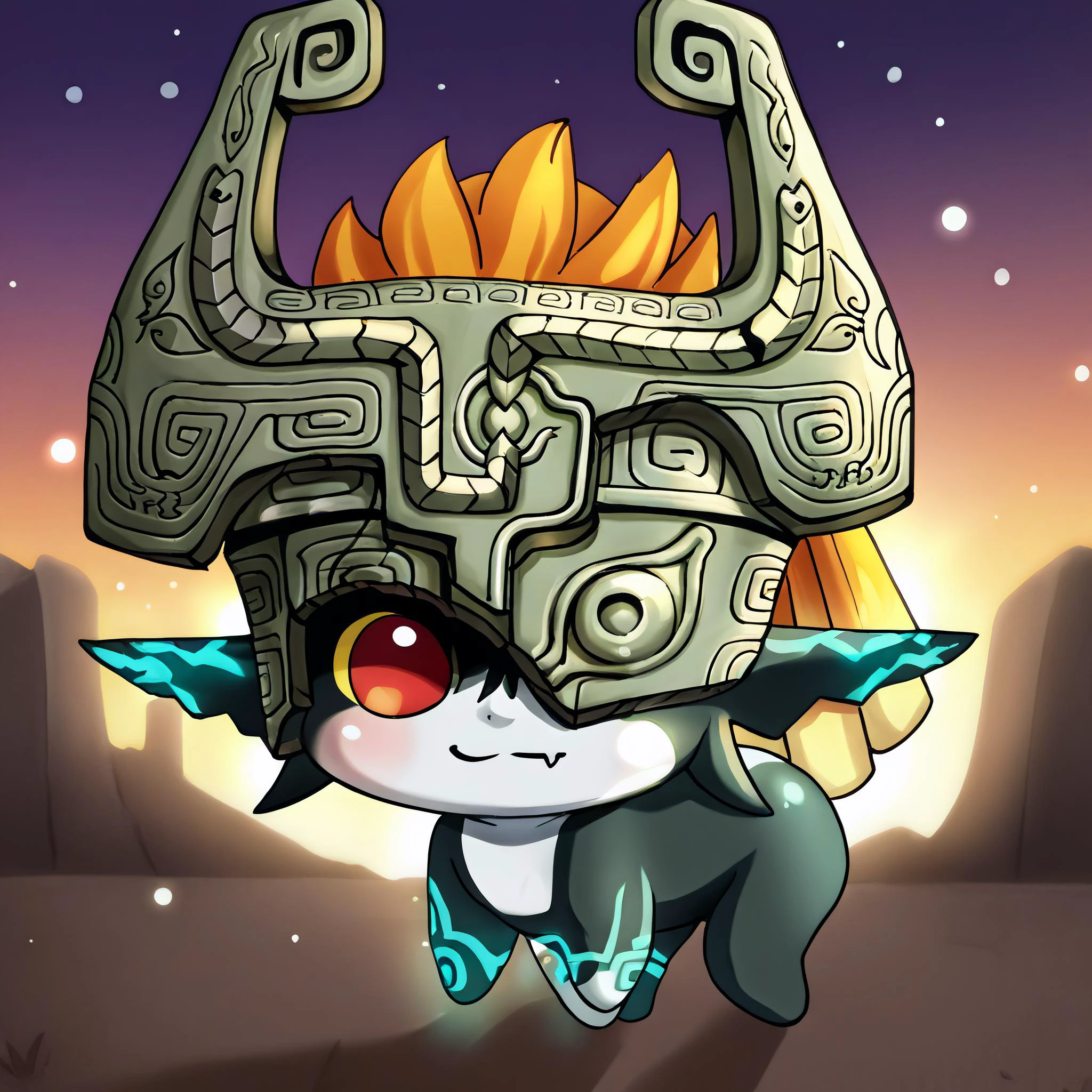 <lora:Doro_X_PDXL_V1:1> score_9, source_cartoon, doro, creature, ;3, chibi, four legs, solid circle eyes, scenery, soft lighting, soft particles, glowing, <lora:MidnaX_XL_PD_V1:0.8> midnaimp, multicolored skin, two-tone skin, helmet, one eye covered, red eyes