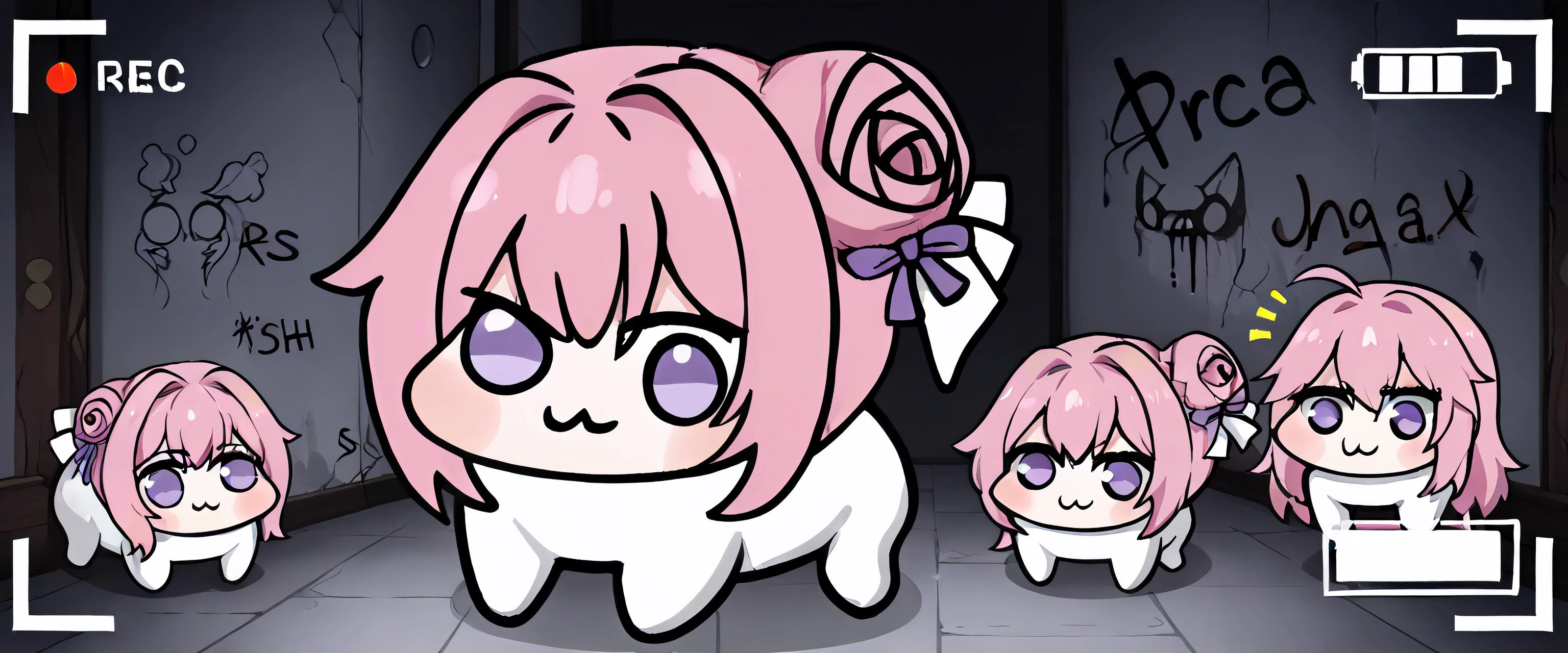 <lora:Doro_X_PDXL_V1:1> score_9, empty hallway with a doro herd ganging up on the viewer, creature, chibi, :3, solid circle eyes, pink hair, purple eyes, hair bun, hair bow, multiple creatures, small creatures, herd, swarm, multiple others, doro peeking from corner BREAK "DORO" text, graffiti, recording, creepy, dim lighting, rim lighting, dark, mist, fog, soft lighting, dramatic lighting
