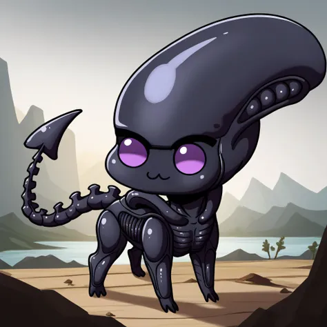 <lora:Doro_X_PDXL_V1:1> score_9 BREAK source_cartoon, creature, chibi, :3, four legs, xenomorph, purple eyes, scenery, science fiction landscape
