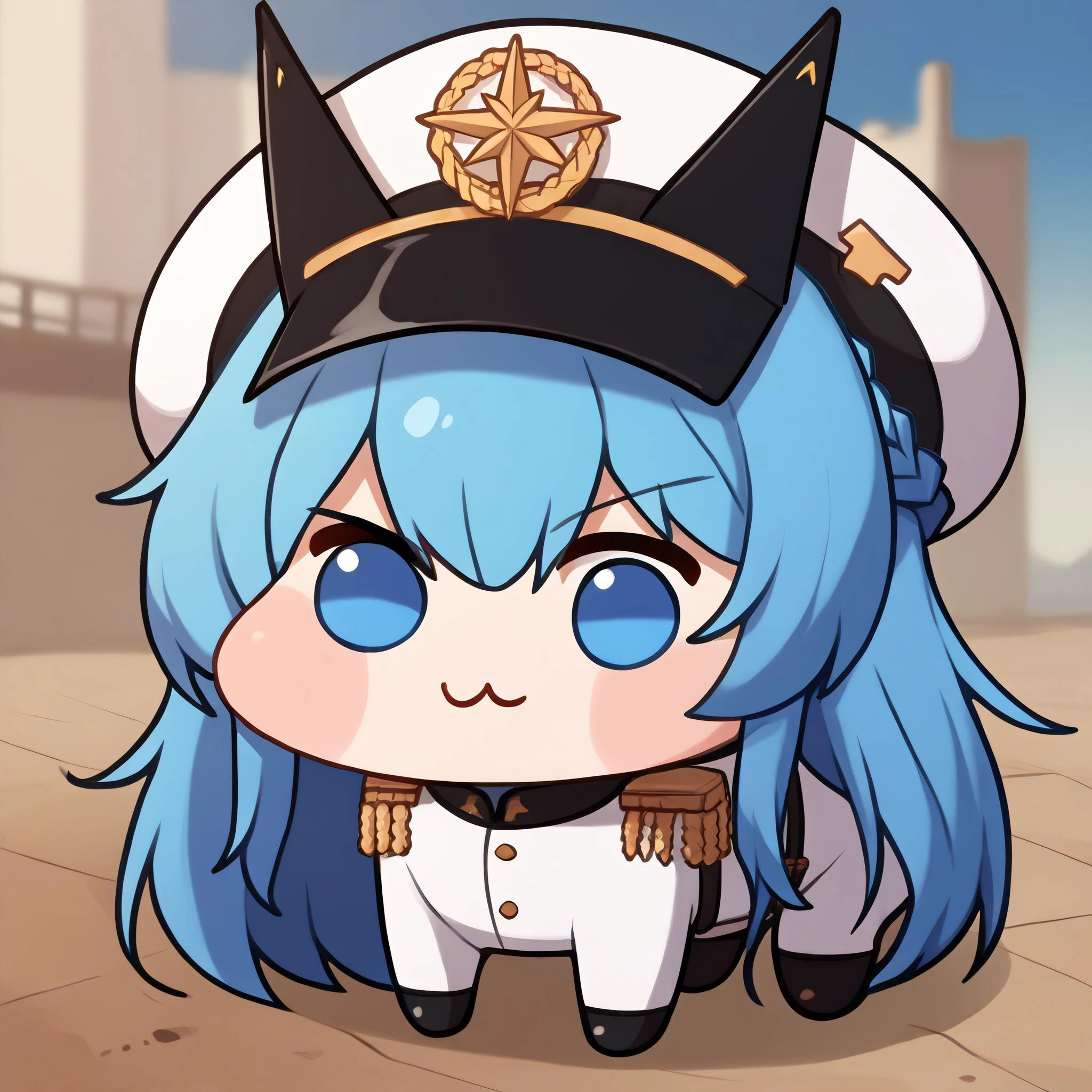 score_9, score_8_up, score_7_up, source_anime BREAK <lora:Doro_X_PDXL_V1:1> doro, creature, :3, chibi, four legs,<lora:helm-nikke-richy-v1_pdxl:0.9> helmdef, blue hair, long hair, braid, hair intakes, peaked cap, blue eyes, military uniform, battleship, scenery, sea