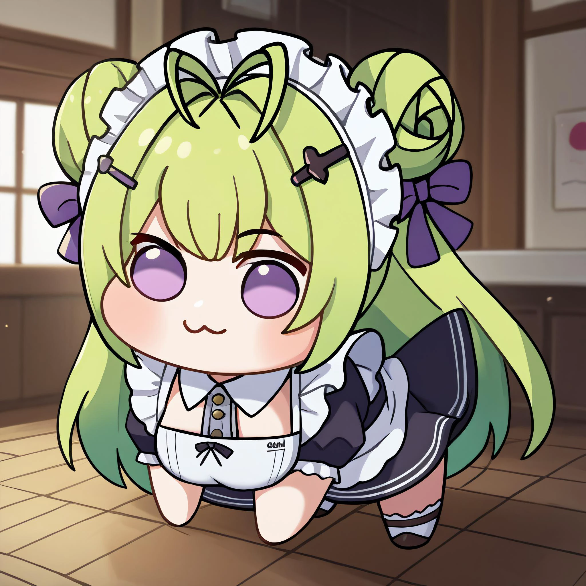 score_9, score_8_up, score_7_up, source_anime BREAK <lora:Doro_X_PDXL_V1:0.9> solo, doro, creature, ;3, chibi, four legs, <lora:soda-nikke-richy-v1_pdxl:0.8> nikkesoda, purple eyes, long hair, green hair, bangs, double bun, antenna hair, maid headdress, hairclip, maid apron, indoors