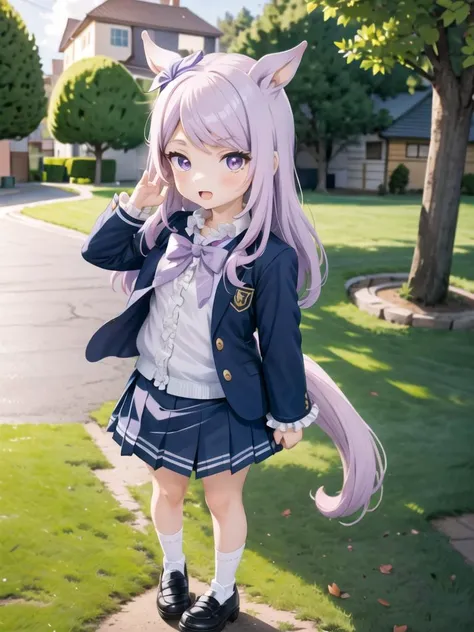 in kindergarten, mcqueen (umamusume),a very young child,kindergartener,chibi,horse ears,light purple hair,costume,frilled_shirt,blazer,pleated_skirt,bowtie,shoes,socks, <lora:0 GLCmaqueenchan:1>