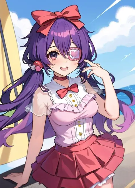 (masterpiece, best quality:1.2), Splendiferachie, purple gradient hair, hair ornament, bow, pink frilled skirt, eyepatch <lora:SplendiferachieV2:0.6>