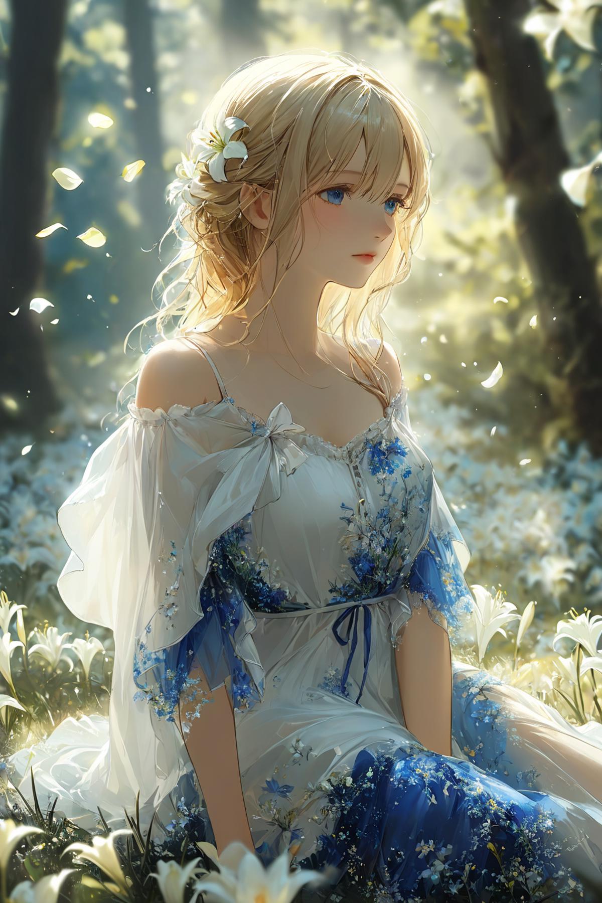 Anime girl in a blue dress sitting in a field of flowers - SeaArt AI