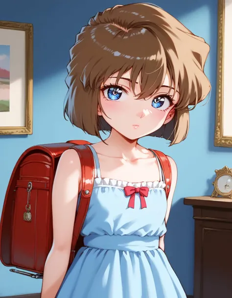 score_9, score_8_up, score_7_up, score_6_up, score_5_up, score_4_up, source_anime,
extremely detailed, 4k, hdr, masterpiece, best quality, absurdres,
no errors, no mutations,
Masterpiece, beautiful, high quality, high quality, ascetic, perfect lighting, well made, bright vibrant colors,
1girl, looking at viewer, cowboy shot,
<lora:AiHaibaraDCXL:0.8> AiHaibaraDCXL, woman, retro artstyle, big eyes, blue eyes, brown hair, hair between eyes, short hair, flat chest, collarbone,
<lora:jyoji one piece_Pony_V1.0:0.8> jyojifuku, dress, ribbon, frills
<lora:randoseru_Pony_V1.0:0.8> red randoseru,backpack