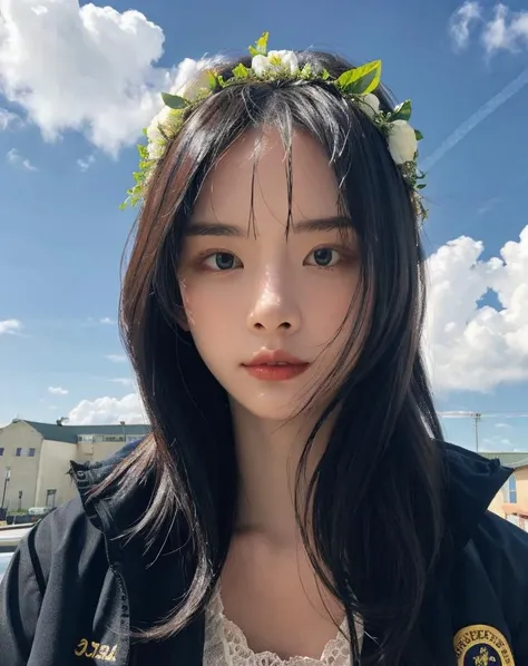 1girl, a young woman, upper body, (looking at viewer:1.3), (schoolgirl jacket), (flower crown), (beautiful city, beautiful sky background), natural skin color, (closed mouth:1.2), (medium breast), floating hair, beautiful expression, face detailed, eyes detailed, iris detailed, masterpiece, best quality, photorealistic, hyper realistic, ultra detailed, perfect lighting, depth of field, shadows, highres, <lora:sayhello0o-v1-wjsnseola:1>