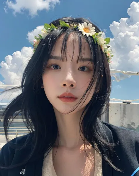 1girl, solo, upper body, (looking at viewer:1.4), (schoolgirl jacket), (flower crown), (beautiful city, beautiful sky background), natural skin color, (closed mouth:1.2), (medium breast), floating hair, beautiful expression, face detailed, eyes detailed, iris detailed, masterpiece, best quality, photorealistic, hyper realistic, ultra detailed, perfect lighting, depth of field, shadows, highres, <lora:sayhello0o-v1-wjsnseola:1>