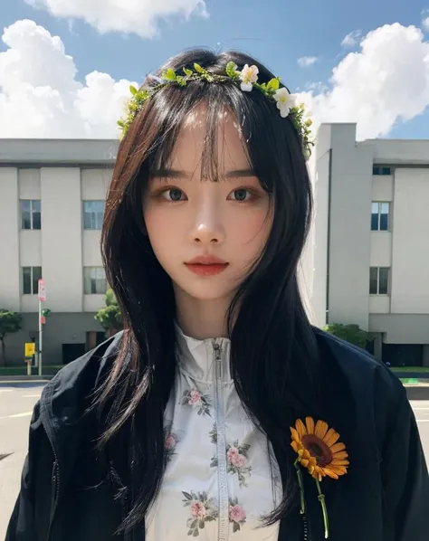 1girl, solo, upper body, (looking at viewer:1.4), (schoolgirl jacket), (flower crown), (beautiful city, beautiful sky background), natural skin color, (closed mouth:1.2), (medium breast), floating hair, beautiful expression, face detailed, eyes detailed, iris detailed, masterpiece, best quality, photorealistic, hyper realistic, ultra detailed, perfect lighting, depth of field, shadows, highres, <lora:sayhello0o-v1-wjsnseola:1>