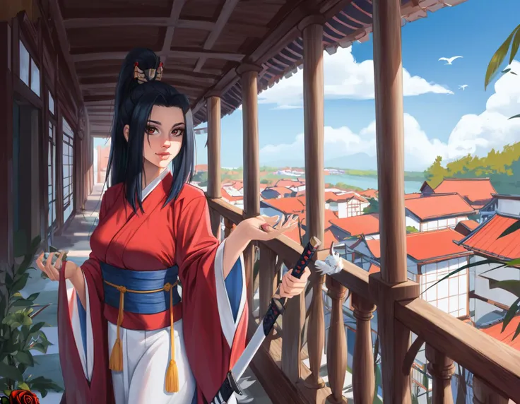 (art by waterring:1.2), 1girl, looking at viewer, cowboy shot, at a tall balcony, absurdres, best quality, high quality, highres, patreon username, artist name, samurai