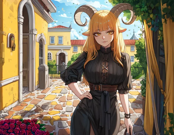 (art by yellowroom:1.2), 1girl, looking at viewer, cowboy shot, at a courtyard, absurdres, best quality, high quality, highres, patreon username, artist name, goat girl