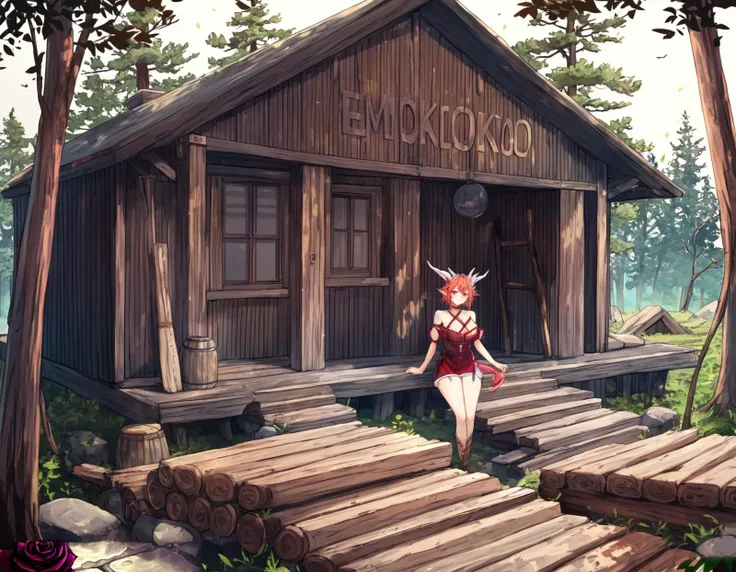 (art by mokopekko:1.2), 1girl, looking at viewer, cowboy shot, at a log cabin, absurdres, best quality, high quality, highres, patreon username, artist name, dragon girl