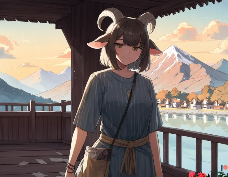 (art by tofu froth:1.2), 1girl, looking at viewer, cowboy shot, at a on a mountain peak, absurdres, best quality, high quality, highres, patreon username, artist name, goat girl