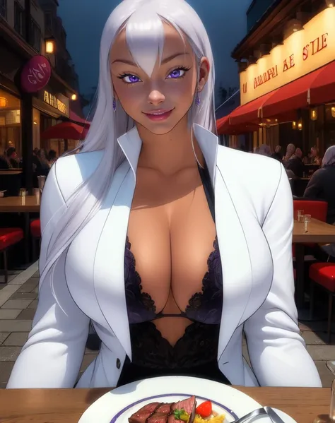 grinis, white hair, purple eyes,   long hair, smile, 
white jacket, white pants,   cleavage, 
 upper body, sitting,   steak, 
streets, night, restaurant, 
(insanely detailed, beautiful detailed face,beautiful detailed eyes, masterpiece, best quality),solo, 
 <lora:grinis:0.8>