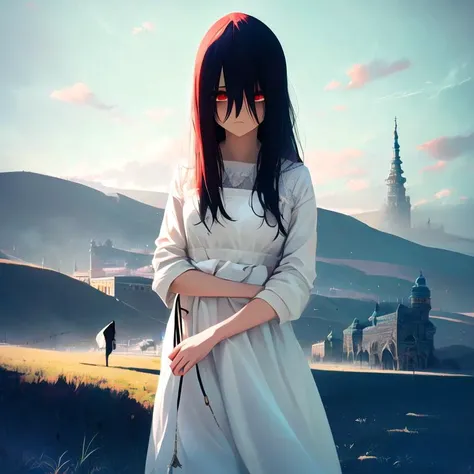 ((masterpiece)),(best quality), absurdres,sadako_yamamura, white dress, red_eyes,   <lora:Sadakobest:0.7>, looking at viewer, <lora:shoalsStyle_v10:1>..
