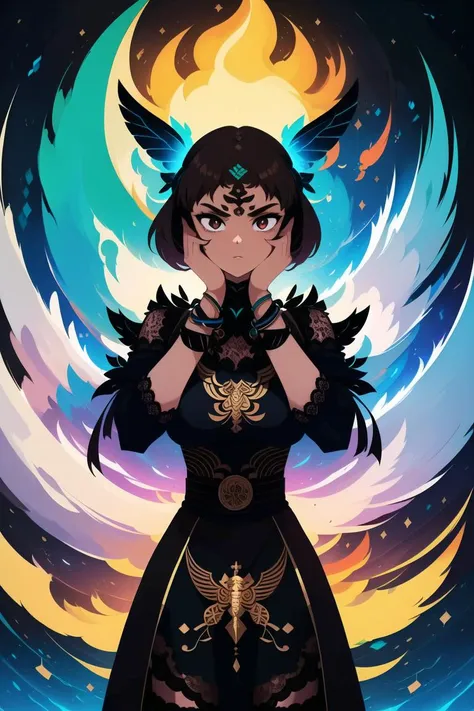 girl, (oni:1.3), Dark,Fight Background,Hourglass Body,Voluptuous,Hands on face,Short Hair,Butterfly Braid,(black Lace Top,brown Skirt:1.3),fire emblem,Wrist Watch ,(masterpiece,detailed,highres:1.4) <lora:shoals:0.9>