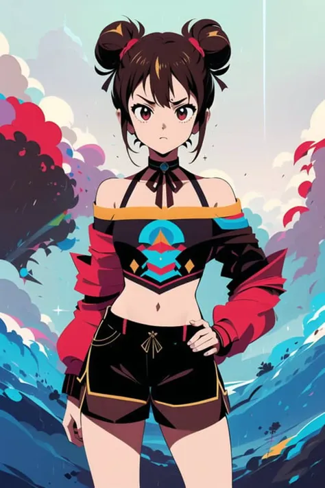 girl, (drawing:1.3), New,Heavy Rain Background,Slim,Flat Chest,Standing with hand on hip,Long Hair,Double Bun,(brown Cold Shoulder Top,platinum Shorts:1.3),k-on,Ribbon Choker ,(masterpiece,detailed,highres:1.4) <lora:shoals:1.0>