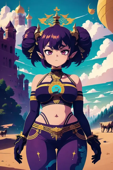 girl,(oni:1.3), Fantasy,River Background,Thicc,Voluptuous,Lying,Short Hair,Braided Buns,ivory Bralet,purple Straight Pants,blue archive,Gloves ,(masterpiece,detailed,highres:1.4) <lora:shoals:1.0>