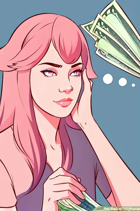 Highly detailed, High Quality, Masterpiece, beautiful, WikiHow, <lora:WikiHow:1>, 1girl, solo, yae miko, pink eyes, long hair, pink hair, animal ears,<lora:Char_GenshinImpact_YaeMiko:0.7>, head rest, thought bubble, hand on own chin, money, thinking
