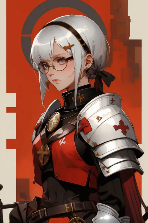 1girl,girl,armor,round glasses,<lora:ArmorFusion:0.8> , complex background