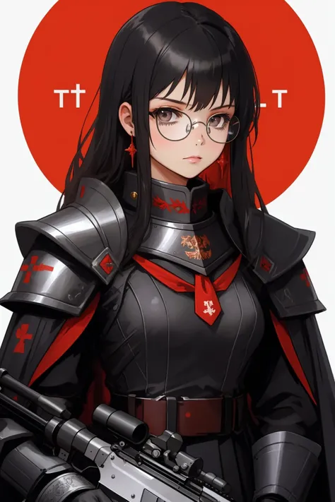 1girl,girl,armor,round glasses,<lora:ArmorFusion:0.6> , complex background,gun,automatic rifle,supressor