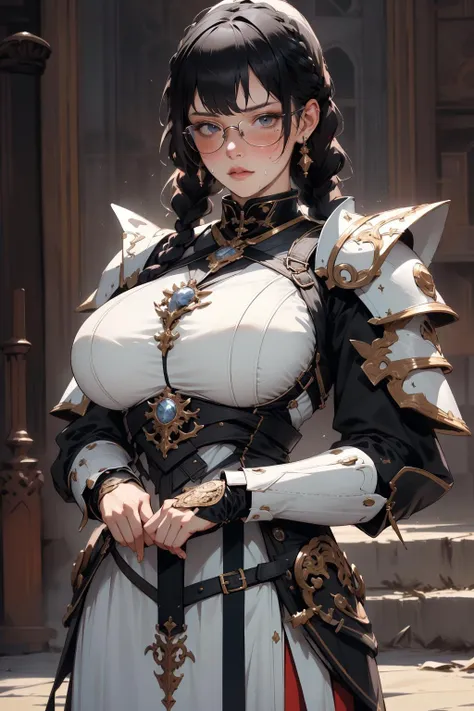 <lora:ArmorFusion:0.6> armor,1girl, cute,(huge breasts:1.2), blush,glasses,twin braids, sweat,cowboy shot,, (masterpiece, best quality,absurdres: 1.2),, masterpiece,best quality,ultra-detailed,very detailed illustrations,extremely detailed,intricate details,highres,super complex details,extremely detailed 8k cg wallpaper, perfect hands,