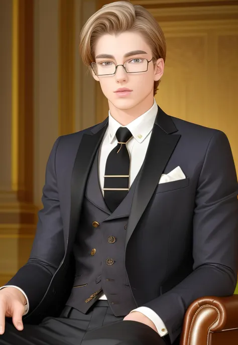 1boy, 16~20 years old, male focus, muscular male, nsfw, 3D, realistic, indoor, normal hue, central, golden ratio, sitting on the leather throne, sharp-featured body, tall, burly, highres, slender build, perfect anatomy, skin texture, thick dark buzzcut hair, see-through bangs, shallow eyebrow, symmetrical eyebrow, large bright eyes, symmetrical eyes, square gold-rimmed glasses, big straight nose, closed mouth, broad shoulders, noble attire, bdominal stretch, tight-fitting, stand-up collared white shirt, lapel pin, necktie, tie clip, vest, open buff leather jacket, black trousers, leather belt, spreading long thin legs, <lora:OnlyCocks_v1.0:0.5>, large erect penis over 10 inches length and 3 inches width, erection, large scrotum with testicles, masturbation, high leather boots, soft smile, handsome, powerful, from front, looking ahead at viewer, day, masterpiece, best quality, hyper-detailed, intricate detail, professional photography, matte, bright, the most beautiful ever seen, post processing, dreamatic lighting, ambient lighting, epic composition, ultrawide shot, uplight, raytracing reflections, depth of field, gorgeous background <lora:9.1.TearsofThemisVilhelmRichardAlbertdeHaspran_v1.0:1>
