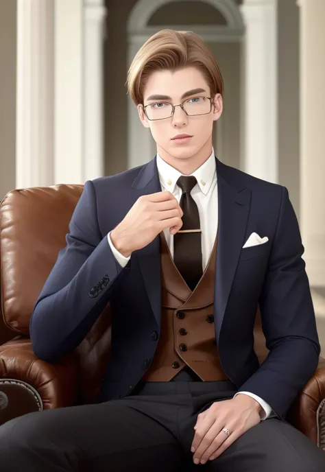 1boy, 16~20 years old, male focus, muscular male, nsfw, 3D, realistic, indoor, normal hue, central, golden ratio, sitting on the leather throne, sharp-featured body, tall, burly, highres, slender build, perfect anatomy, skin texture, thick dark buzzcut hair, see-through bangs, shallow eyebrow, symmetrical eyebrow, large bright eyes, symmetrical eyes, square gold-rimmed glasses, big straight nose, closed mouth, broad shoulders, noble attire, bdominal stretch, tight-fitting, stand-up collared white shirt, lapel pin, necktie, tie clip, vest, open buff leather jacket, black trousers, leather belt, spreading long thin legs, <lora:OnlyCocks_v1.0:0.5>, large erect penis over 10 inches length and 3 inches width, erection, large scrotum with testicles, masturbation, high leather boots, soft smile, handsome, powerful, from front, looking ahead at viewer, day, masterpiece, best quality, hyper-detailed, intricate detail, professional photography, matte, bright, the most beautiful ever seen, post processing, dreamatic lighting, ambient lighting, epic composition, ultrawide shot, uplight, raytracing reflections, depth of field, gorgeous background <lora:9.5.TearsofThemisVilhelmRichardAlbertdeHaspran_v1.0:1>