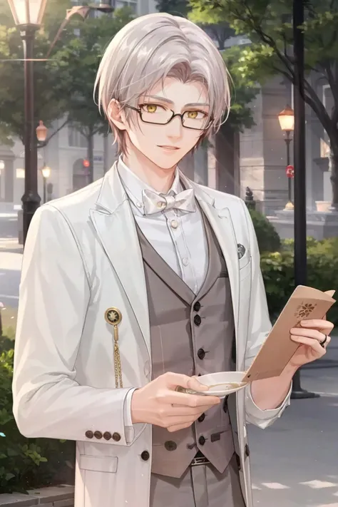 masterpiece, best quality,  <lora:moyi:1>,moyi,1boy, bowtie, vest, yellow eyes, closed mouth, jacket, glasses, male focus, white shirt, looking at viewer, watch, brown vest, shirt, pants, solo, holding, long sleeves, black bowtie, short hair, bow, white hair, black bow, formal, grey vest, smile, mole, pocket watch, bangs, blurry background, white jacket, cup, collared shirt, blurry, suit, forehead, grey jacket, outdoors, bird, belt, brown jacket, grey pants, mole under eye, ring