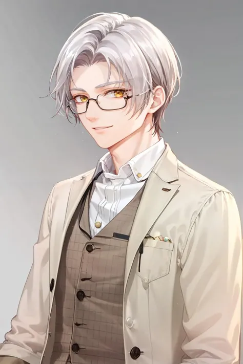 masterpiece, best quality, <lora:moyi:1>,moyi, 1boy, yellow eyes, white shirt, white hair, solo, shirt, vest, male focus, brown vest, closed mouth, sleeves rolled up, short hair, polo shirt, glasses, smile, looking at viewer, bangs, white background, long sleeves