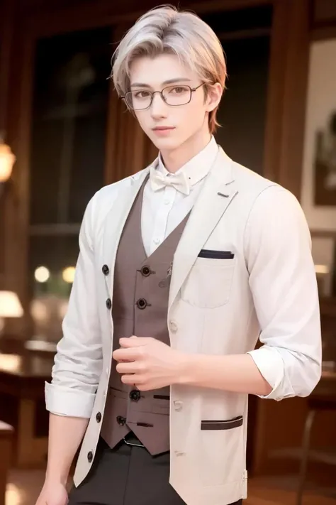 masterpiece, best quality, <lora:moyi:1>,moyi, 1boy, yellow eyes, white shirt, white hair, solo, shirt, vest, male focus, brown vest, closed mouth, sleeves rolled up, short hair, polo shirt, glasses, smile, looking at viewer, bangs, white background, long sleeves