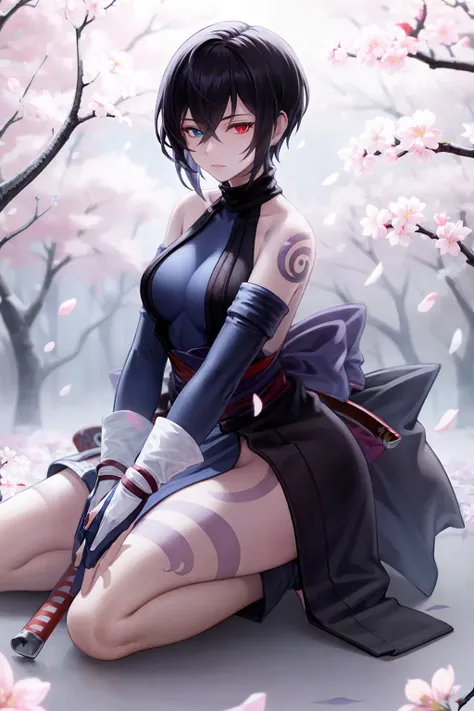 masterpiece, best quality,1girl, solo, weapon, sword, black hair, tattoo, blue eyes, red eyes,short hair, heterochromia, ninja, sitting, katana, breasts, looking at viewer, gloves, bare shoulders, cherry blossoms, petals, bridal gauntlets, yokozuwari, detached sleeves, elbow gloves, medium breasts, full body, arm support