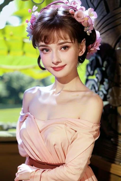 (8k, best quality, masterpiece:1.2), (realistic, photo-realistic:1.37), ultra-detailed,solo,1 girl,cute, smile,(skin dentation), (large breasts:1.3), (professional lighting, bokeh), (blouse:1.3), (portait:0.8), gorgeous, bloom, floating hair,(light particles, lens flare, glowing particles:0.6), (dynamic pose), specular lighting, soft lighting, head tilt, sunlight, looking at viewer, depth of field, (small head:1.4), bare shoulders, wide shoulders, pureerosface_v1,(outdoors:1.4),(pink flower:1.3),
<lora:audreyHepburn_hepburn10:0.8> , <lora:hanfu_v28:1.5>