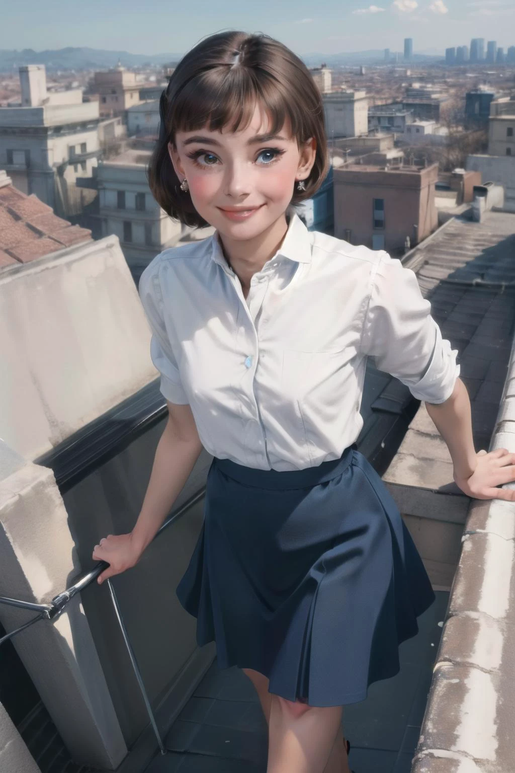 (masterpiece, top quality, best quality, beautiful and aesthetic:1.2), 1girl, solo, extremely detailed, highest detailed, brown hair,white shirt, blue skirt, blue sky, roma city, roman holiday,shiny skin,
looking at viewer,Audrey Hepburn, , walking, hepburn hairstyle, <lora:add_detail:0.3> <lora:666:0.6> standing rooftop, from above, smile,