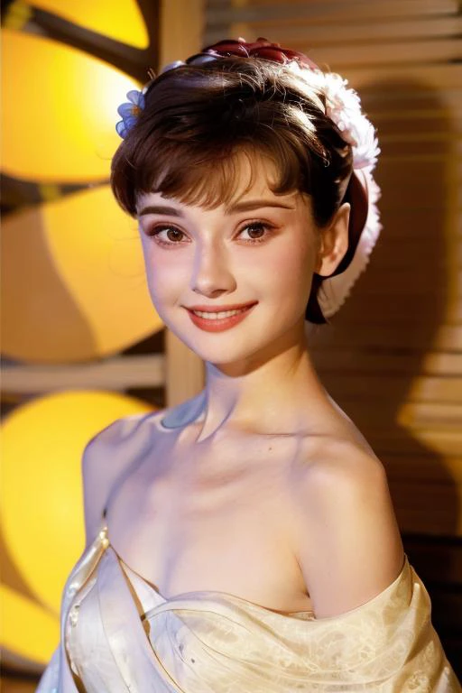 (8k, best quality, masterpiece:1.2), (realistic, photo-realistic:1.37), ultra-detailed,solo,1 girl,cute, smile,(skin dentation), (large breasts:1.3), (professional lighting, bokeh), (blouse:1.3), (portait:0.8), gorgeous, bloom, floating hair,(light particles, lens flare, glowing particles:0.6), (dynamic pose), specular lighting, soft lighting, head tilt, sunlight, looking at viewer, depth of field, (small head:1.4), bare shoulders, wide shoulders, pureerosface_v1,
<lora:audreyHepburn_hepburn10:0.8> , <lora:hanfu_v28:1.5>