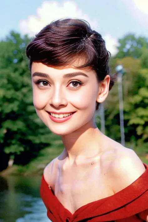 (8k, best quality, masterpiece:1.2), (realistic, photo-realistic:1.37), ultra-detailed,solo,1 girl,cute, smile,(skin dentation), (large breasts:1.3), (professional lighting, bokeh), (blouse:1.3), (portait:0.8), gorgeous, bloom, floating hair,(light particles, lens flare, glowing particles:0.6), (dynamic pose), specular lighting, soft lighting, head tilt, sunlight, looking at viewer, depth of field, (small head:1.4), bare shoulders, wide shoulders, pureerosface_v1,  <lora:Hepburn:1>