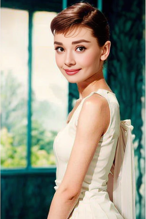 (8k, best quality, masterpiece:1.2), (realistic, photo-realistic:1.37), ultra-detailed,solo,1 girl,cute, smile,(skin dentation), (large breasts:1.3), (professional lighting, bokeh), (blouse:1.3), (portait:0.8), gorgeous, bloom, floating hair,(light particles, lens flare, glowing particles:0.6), (dynamic pose), specular lighting, soft lighting, head tilt, sunlight, looking at viewer, depth of field, (small head:1.4), bare shoulders, wide shoulders, pureerosface_v1, <lora:Hepburn:1>