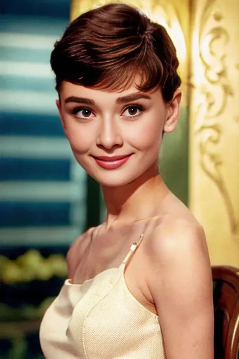 (8k, best quality, masterpiece:1.2), (realistic, photo-realistic:1.37), ultra-detailed,solo,1 girl,cute, smile,(skin dentation), (large breasts:1.3), (professional lighting, bokeh), (blouse:1.3), (portait:0.8), gorgeous, bloom, floating hair,(light particles, lens flare, glowing particles:0.6), (dynamic pose), specular lighting, soft lighting, head tilt, sunlight, looking at viewer, depth of field, (small head:1.4), bare shoulders, wide shoulders, pureerosface_v1, <lora:Hepburn:1>