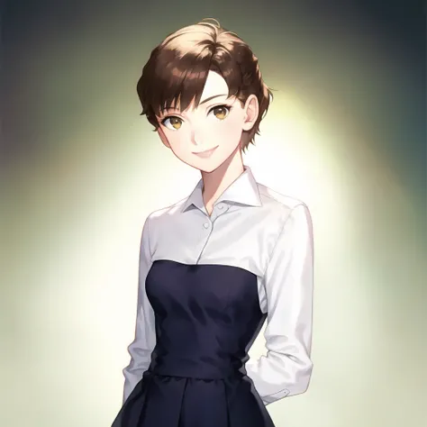 solo 1girl <lora:audreyHepburn_hepburn10:0.8>,  dress_shirt contrapposto, brown_hair, short_hair, light_smile