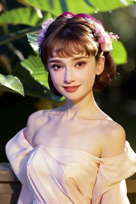 (8k, best quality, masterpiece:1.2), (realistic, photo-realistic:1.37), ultra-detailed,solo,1 girl,cute, smile,(skin dentation), (large breasts:1.3), (professional lighting, bokeh), (blouse:1.3), (portait:0.8), gorgeous, bloom, floating hair,(light particles, lens flare, glowing particles:0.6), (dynamic pose), specular lighting, soft lighting, head tilt, sunlight, looking at viewer, depth of field, (small head:1.4), bare shoulders, wide shoulders, pureerosface_v1,(outdoors:1.4),(flower:1.3),
<lora:audreyHepburn_hepburn10:0.8> , <lora:hanfu_v28:1.5>