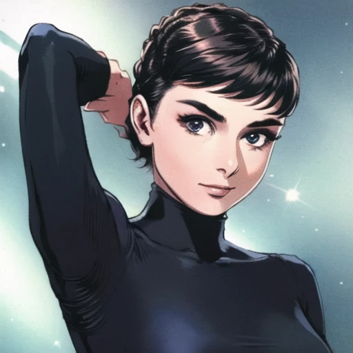 (masterpiece, best quality) 1girl realistic, <lora:audreyHepburn_hepburn10:0.8> , facing_viewer, shiny black catsuit (smile:0.2), short brown hair, <lora:vaporwave_V10:0.8>,
