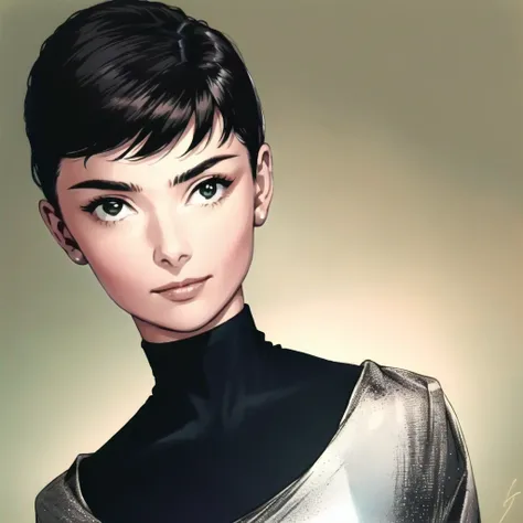 (masterpiece, best quality) 1girl realistic, <lora:audreyHepburn_hepburn10:0.8> , facing_viewer, shiny black catsuit (smile:0.2), short brown hair, <lora:vaporwave_V10:0.8>, goggles on head,