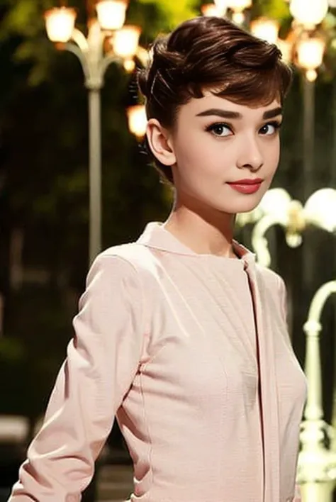 (8k, best quality, masterpiece:1.2), (realistic, photo-realistic:1.37), ultra-detailed,solo,1 girl, (skin dentation:1.2), (large breasts:1.3), (professional lighting, bokeh), (blouse:1.3), (portait:0.8), gorgeous, bloom, floating hair,(light particles, lens flare, glowing particles:0.6), (dynamic pose), specular lighting, soft lighting, head tilt, sunlight, looking at viewer, depth of field, (small head:1.43), <lora:Hepburn:1> , pureerosface_v1