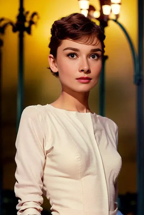 (8k, best quality, masterpiece:1.2), (realistic, photo-realistic:1.37), ultra-detailed,solo,1 girl, (skin dentation:1.2), (large breasts:1.3), (professional lighting, bokeh), (blouse:1.3), (portait:0.8), gorgeous, bloom, floating hair,(light particles, lens flare, glowing particles:0.6), (dynamic pose), specular lighting, soft lighting, head tilt, sunlight, looking at viewer, depth of field, (small head:1.43),  <lora:Hepburn:1> ,